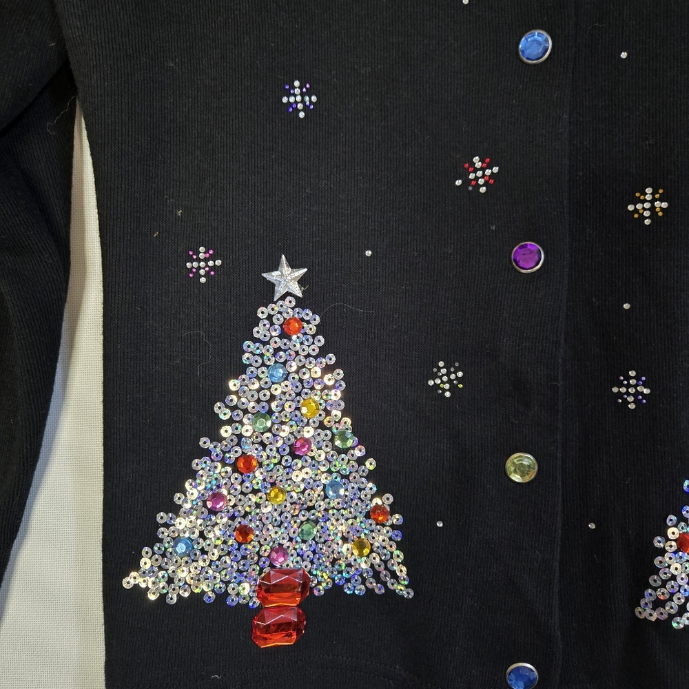 Coral Bay Women's Sz S Black bedazzled Holiday Lightweight Cardigan - Picture 6 of 10